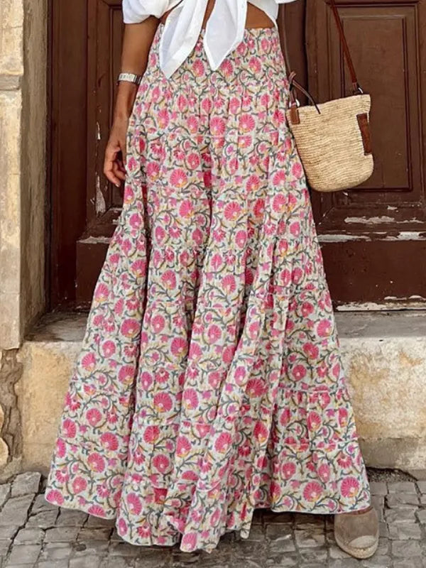 Roséa | Floral Maxi Skirt for Women - Boho Smocked Waist Flowy Printed Summer Elegant Fit-Women's Skirt-Light Pink-S-Camoufit