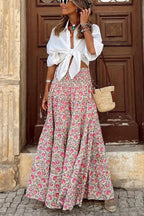 Roséa | Floral Maxi Skirt for Women - Boho Smocked Waist Flowy Printed Summer Elegant Fit-Women's Skirt-Pink-S-Camoufit