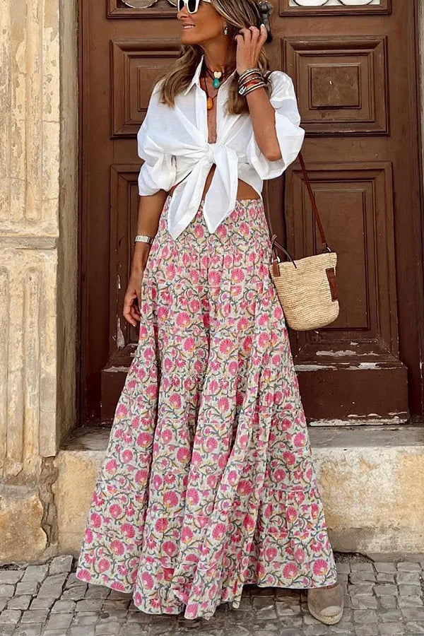Roséa | Floral Maxi Skirt for Women - Boho Smocked Waist Flowy Printed Summer Elegant Fit-Women's Skirt-Pink-S-Camoufit