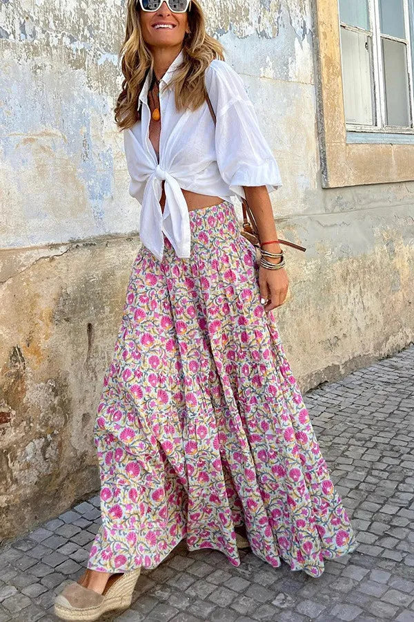 Roséa | Floral Maxi Skirt for Women - Boho Smocked Waist Flowy Printed Summer Elegant Fit-Women's Skirt-Pink-S-Camoufit