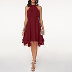 Women's Halter Chiffon Midi Dress – Elegant Cocktail Party Fit-Dresses-Red-S-