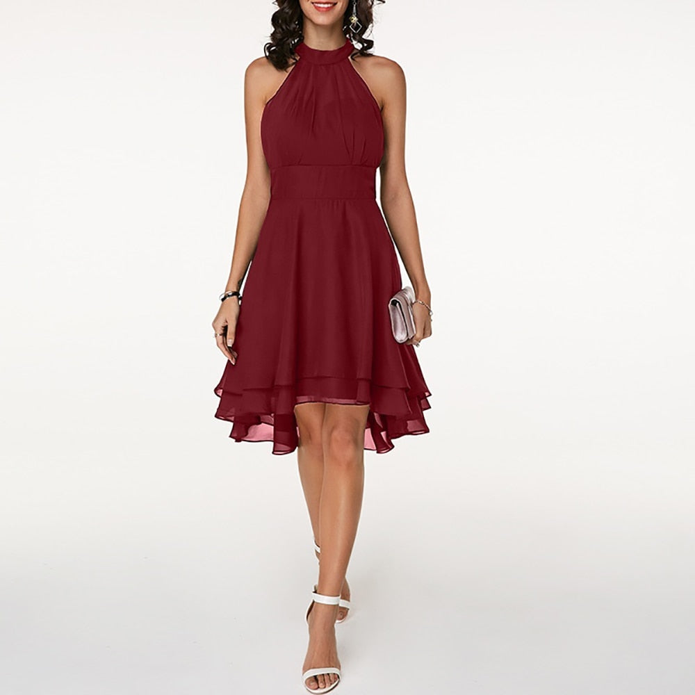 Women's Halter Chiffon Midi Dress – Elegant Cocktail Party Fit-Dresses-Red-S-