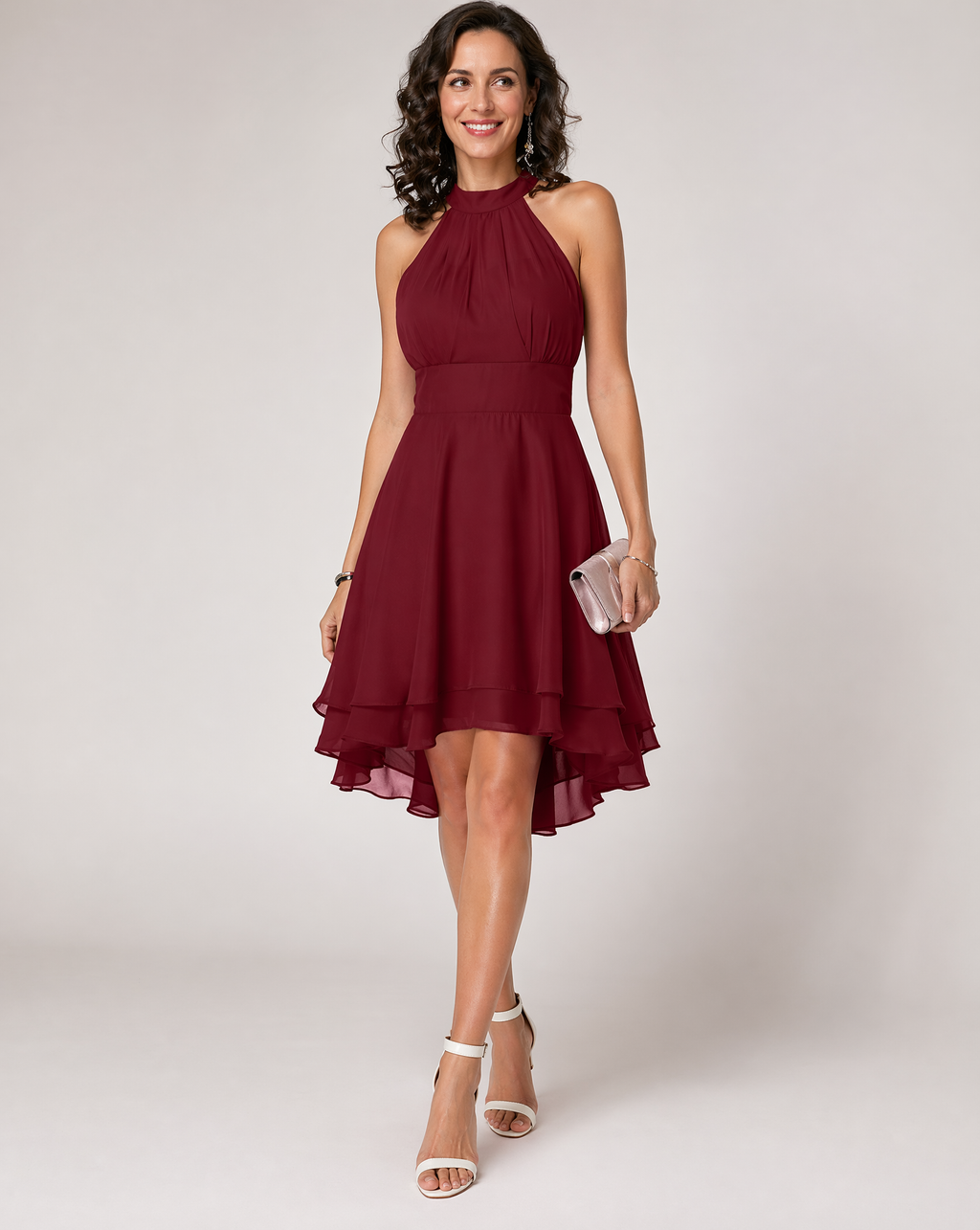 Women's Halter Chiffon Midi Dress – Elegant Cocktail Party Fit-Dresses-Red-S-