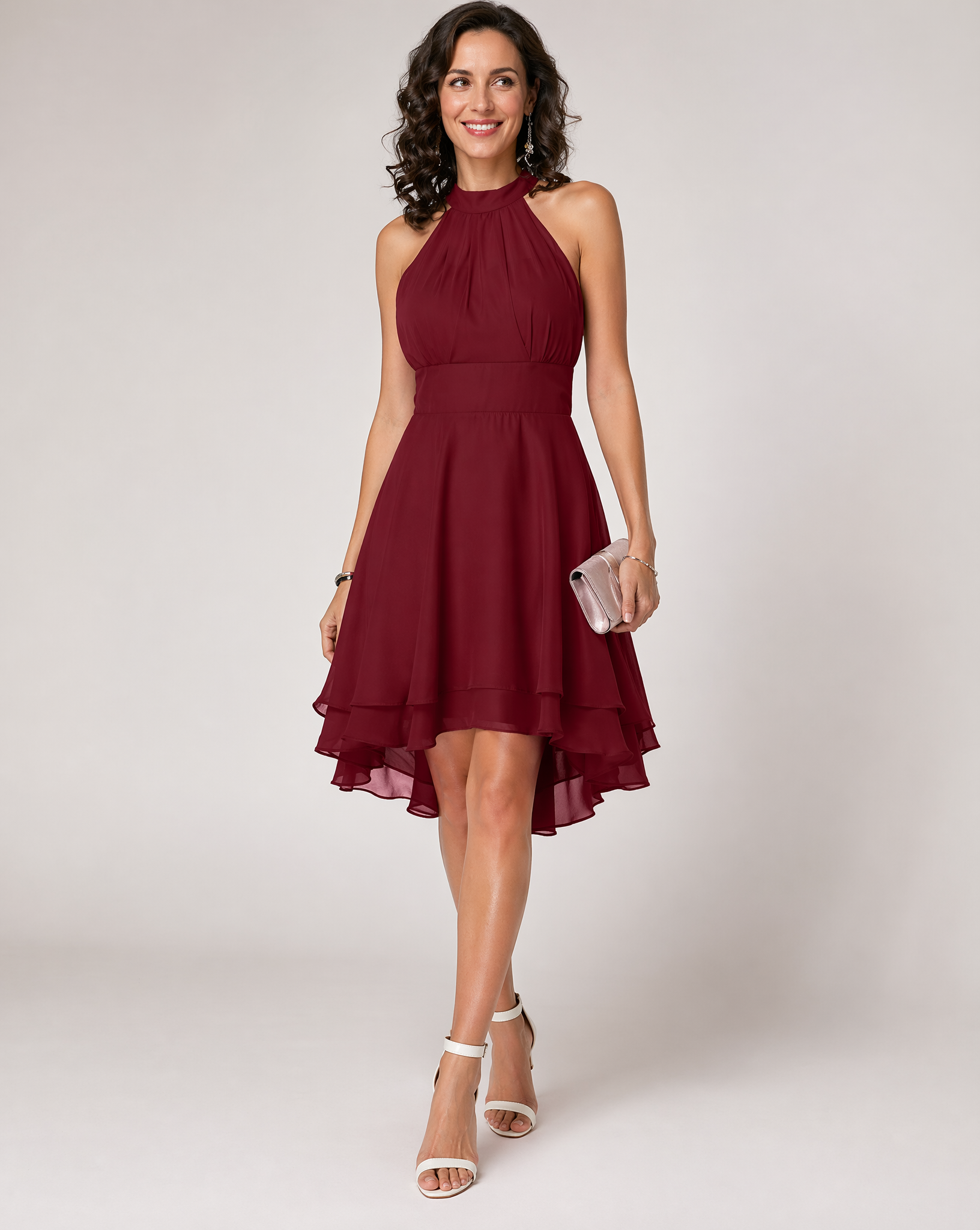 Women's Halter Chiffon Midi Dress – Elegant Cocktail Party Fit-Dresses-Red-S-