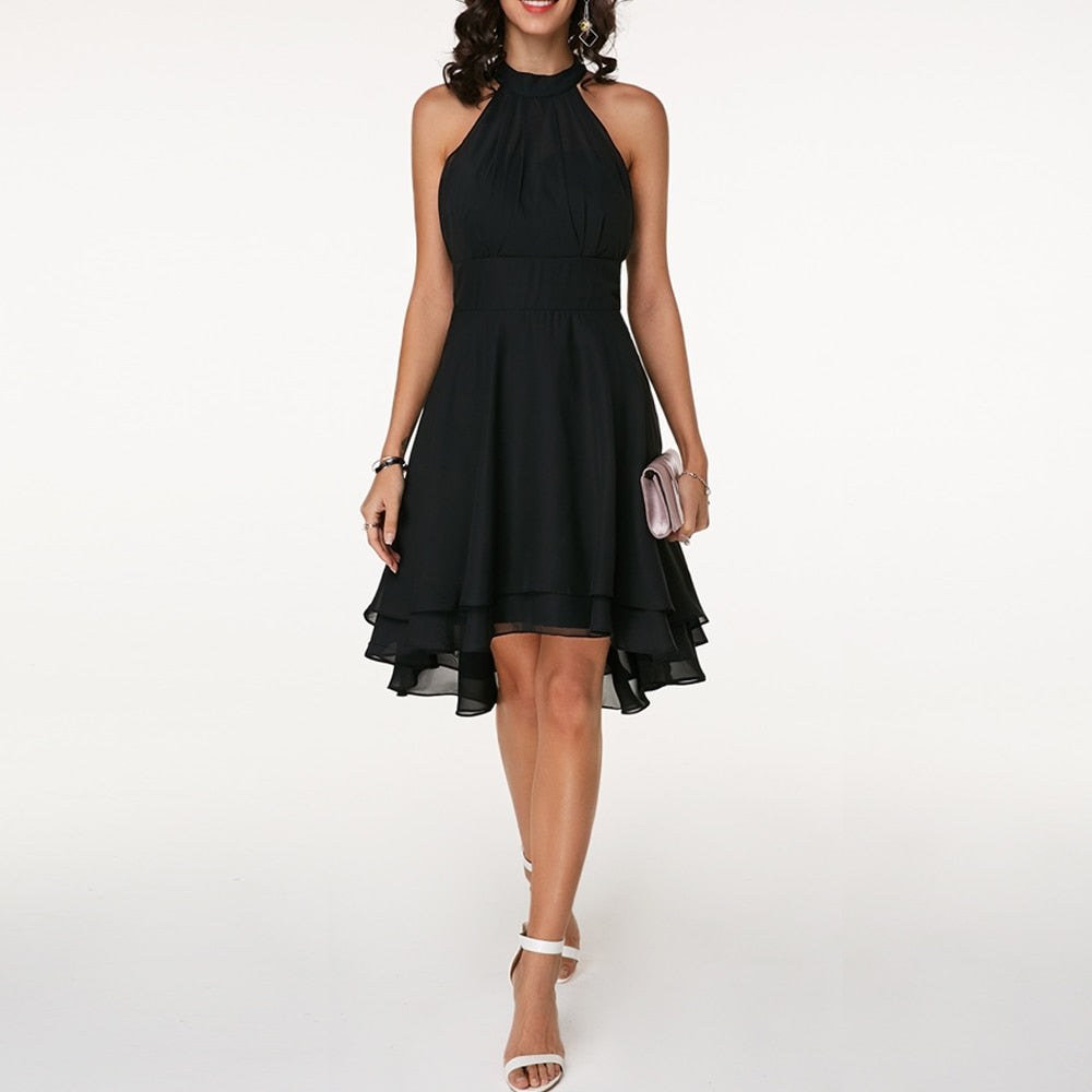 Women's Halter Chiffon Midi Dress – Elegant Cocktail Party Fit-Dresses-Black-S-