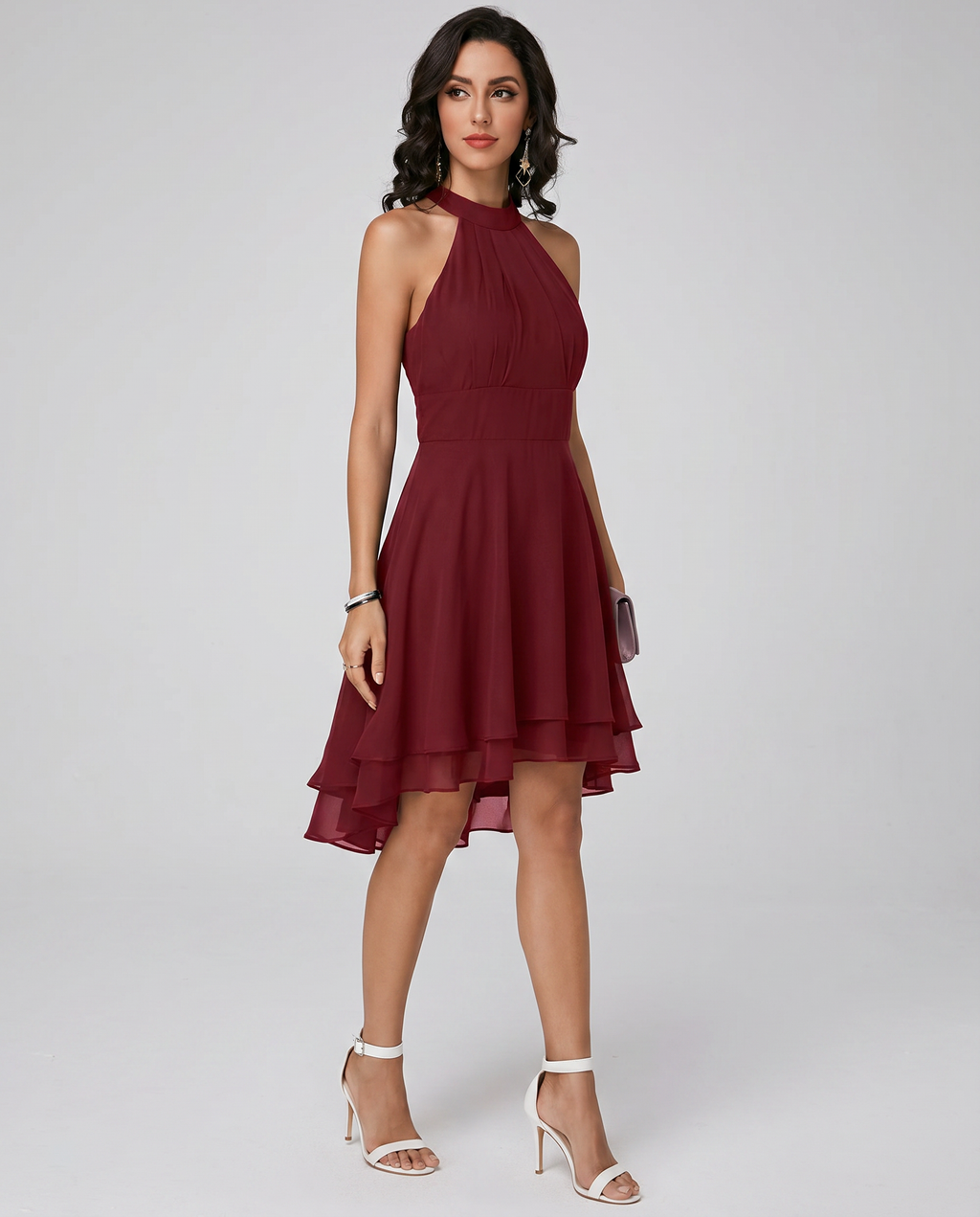 Women's Halter Chiffon Midi Dress – Elegant Cocktail Party Fit-Dresses-Red-S-