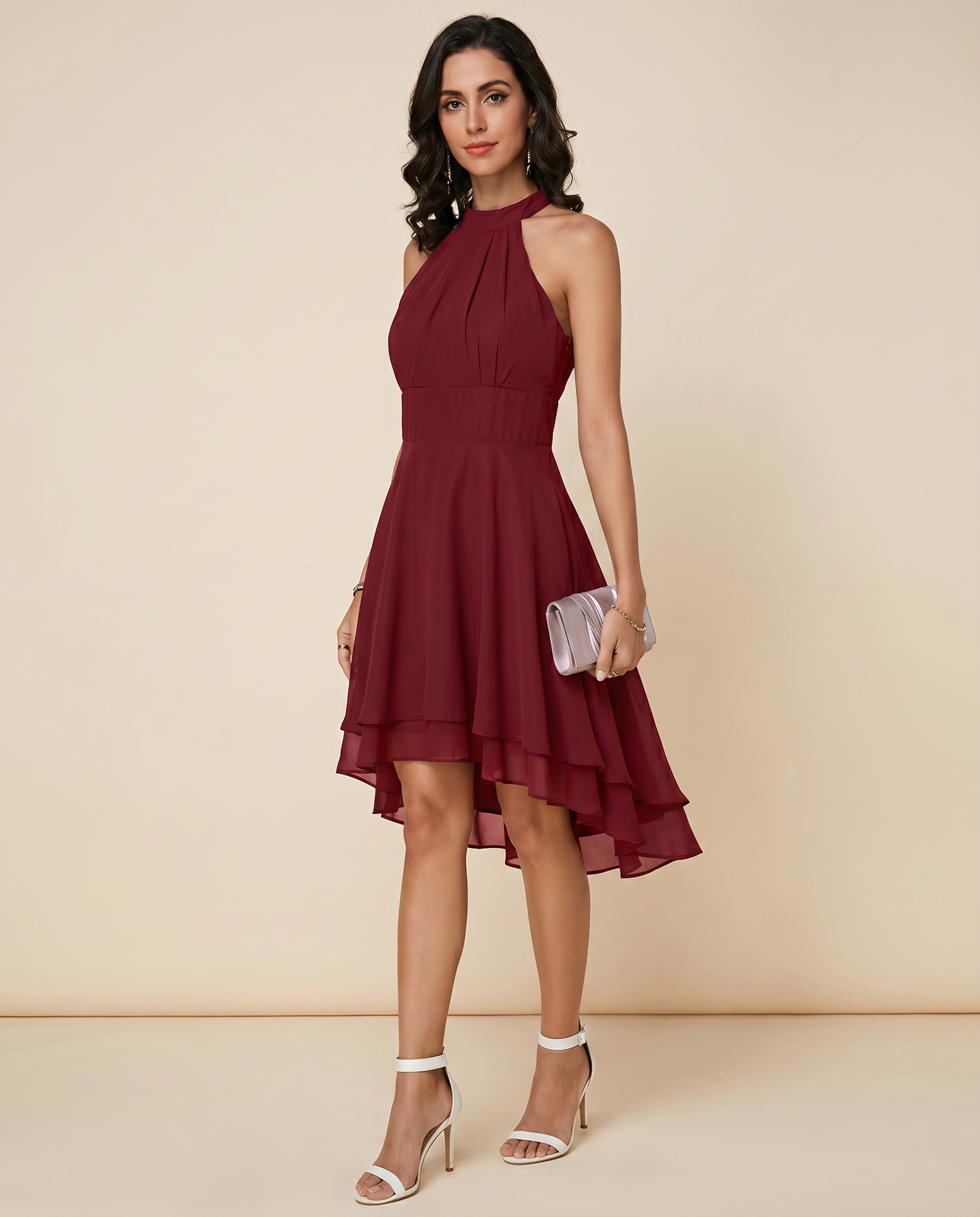 Women's Halter Chiffon Midi Dress – Elegant Cocktail Party Fit-Dresses-Red-S-
