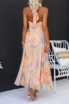 Women's Halter Neck Maxi Dress with Tie Back Gathered Waist Flared Skirt Abstract Print-Summer Dress-Apricot-XS-