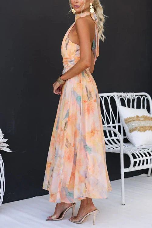 Women's Halter Neck Maxi Dress with Tie Back Gathered Waist Flared Skirt Abstract Print-Summer Dress-Apricot-XS-