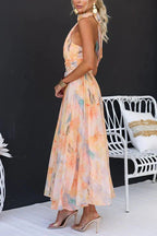 Women's Halter Neck Maxi Dress with Tie Back Gathered Waist Flared Skirt Abstract Print-Summer Dress-Apricot-XS-