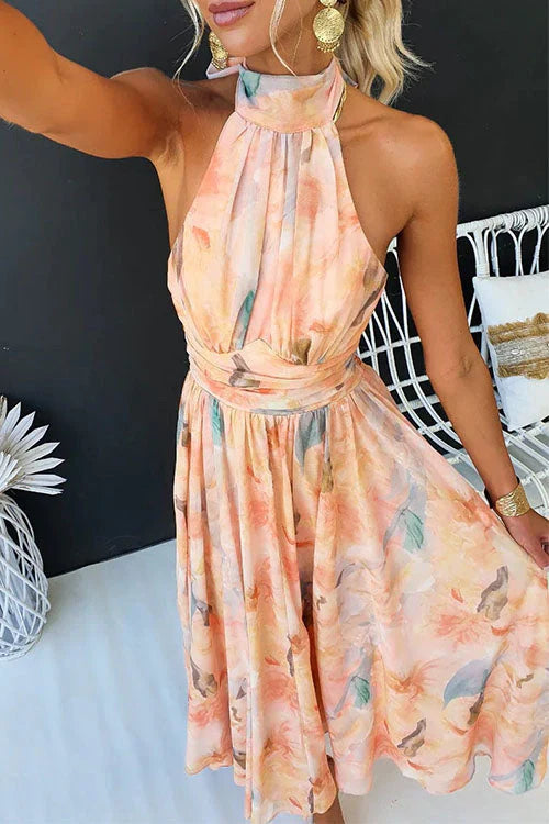 Women's Halter Neck Maxi Dress with Tie Back Gathered Waist Flared Skirt Abstract Print-Summer Dress-Apricot-XS-
