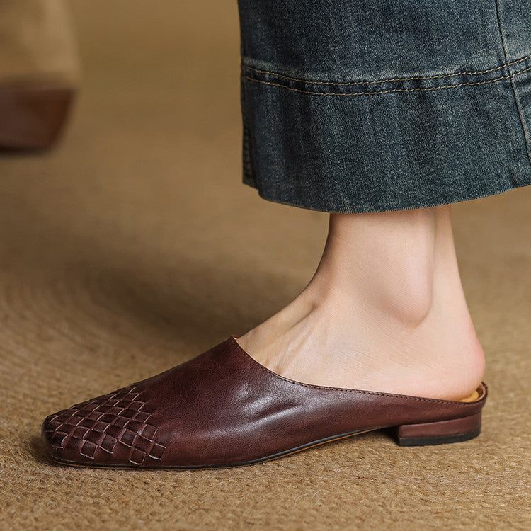 Women's Mules Leather Woven Slip-On Shoes 2