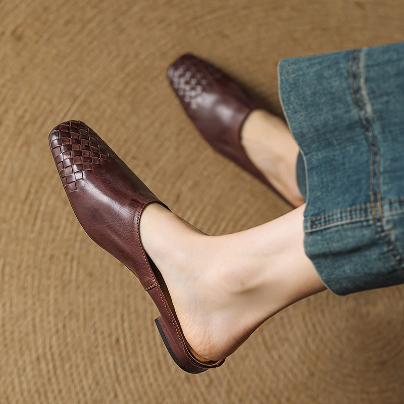 Women's Mules Leather Woven Slip-On Shoes 3