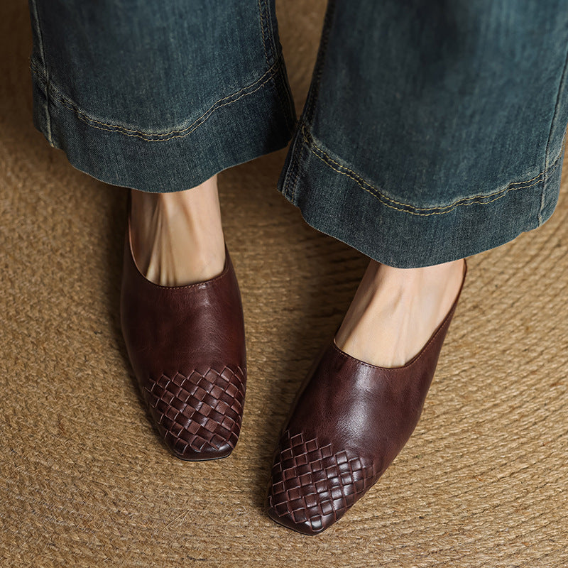 Women's Mules Leather Woven Slip-On Shoes 4