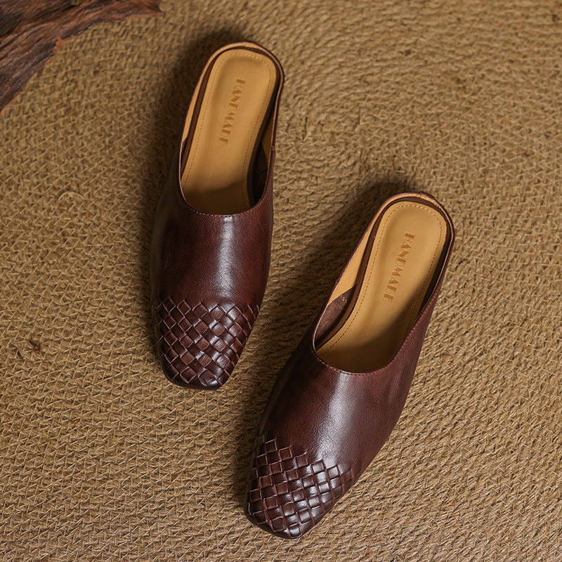 Women's Mules Leather Woven Slip-On Shoes 5