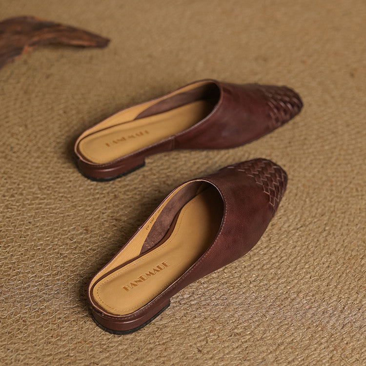 Women's Mules Leather Woven Slip-On Shoes 6