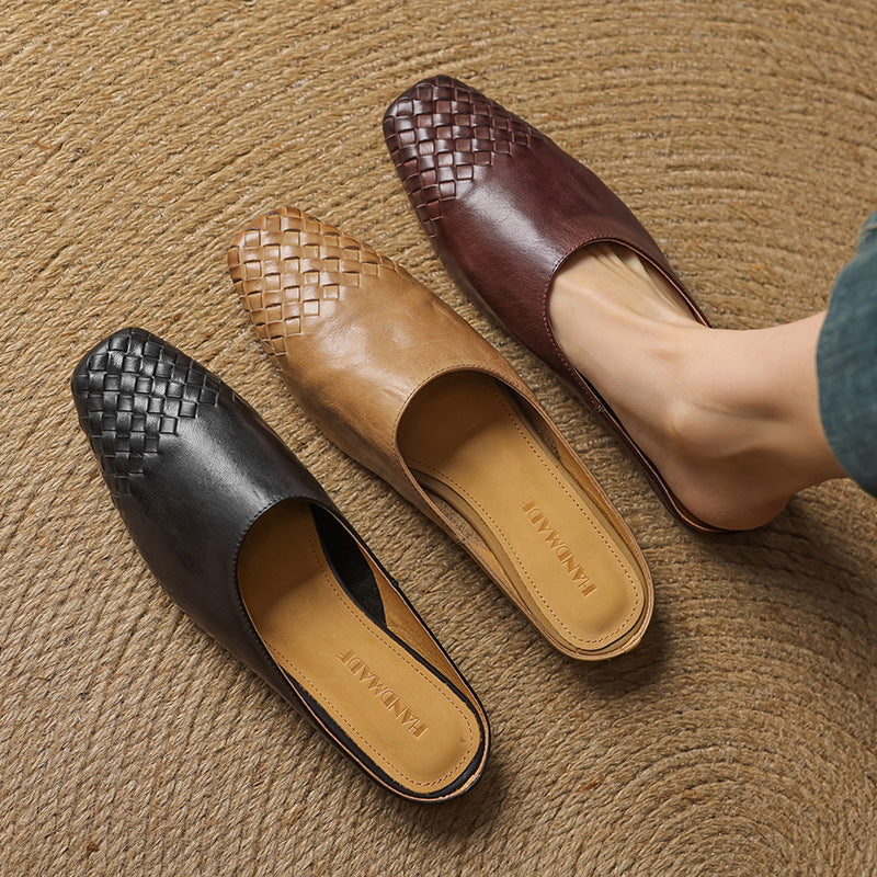 Women's Mules Leather Woven Slip-On Shoes 7