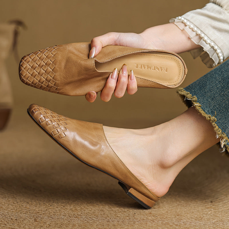 Women's Mules Leather Woven Slip-On Shoes 8
