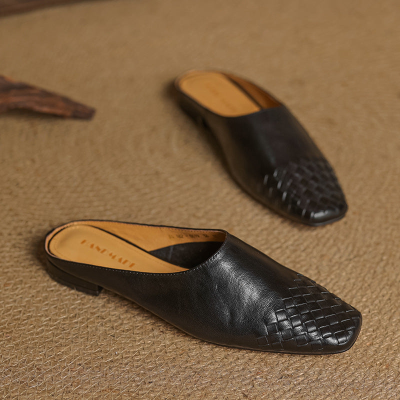 Women's Mules Leather Woven Slip-On Shoes 9
