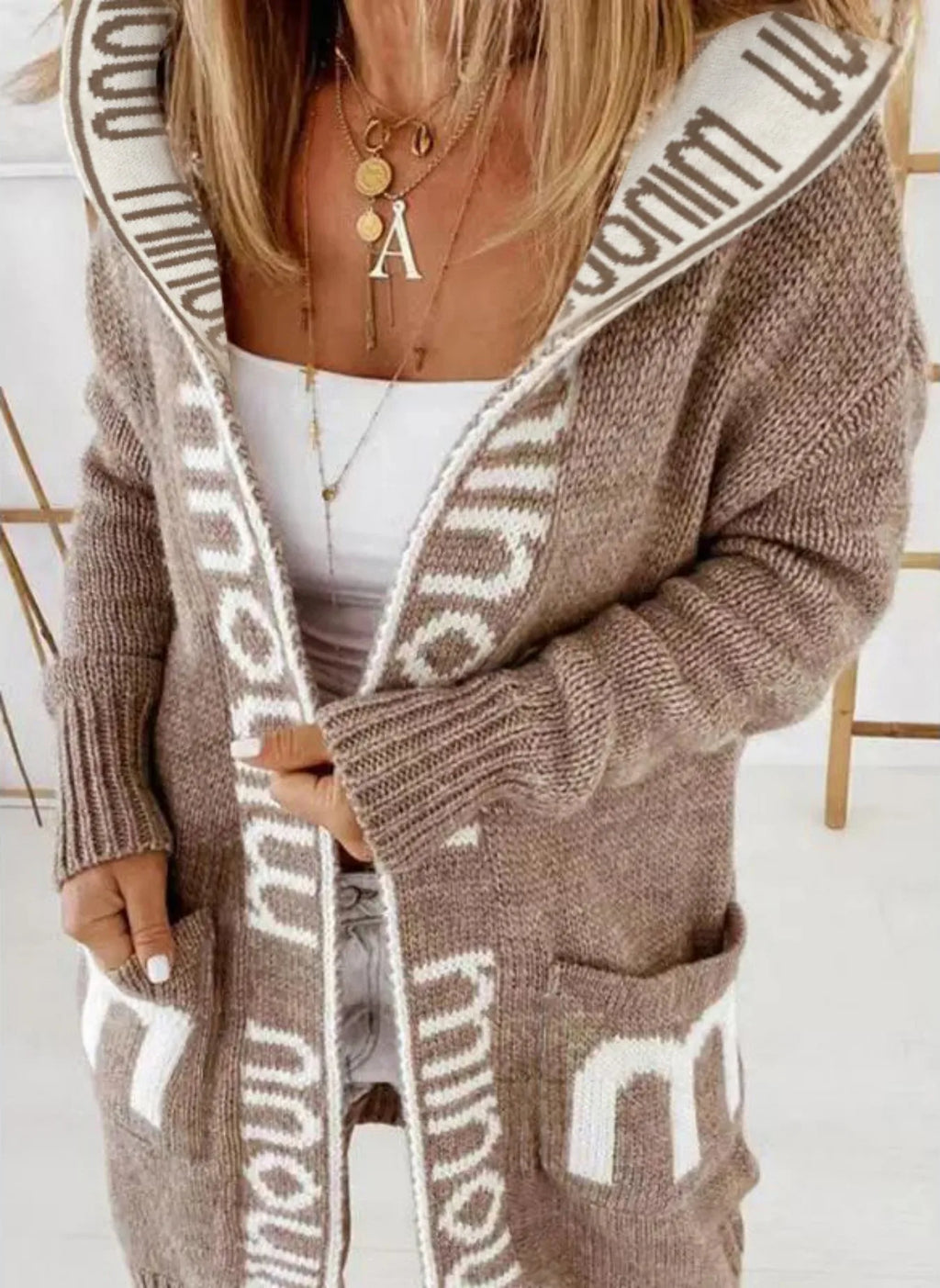 Auraya | Women's Oversized Hooded Cardigan Knit Letter Print Open Front Pockets Cosy Jumper Coat-Womens' Cardigan-Light brown-XS-