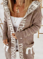 Auraya | Women's Oversized Hooded Cardigan Knit Letter Print Open Front Pockets Cosy Jumper Coat-Womens' Cardigan-Light brown-XS-
