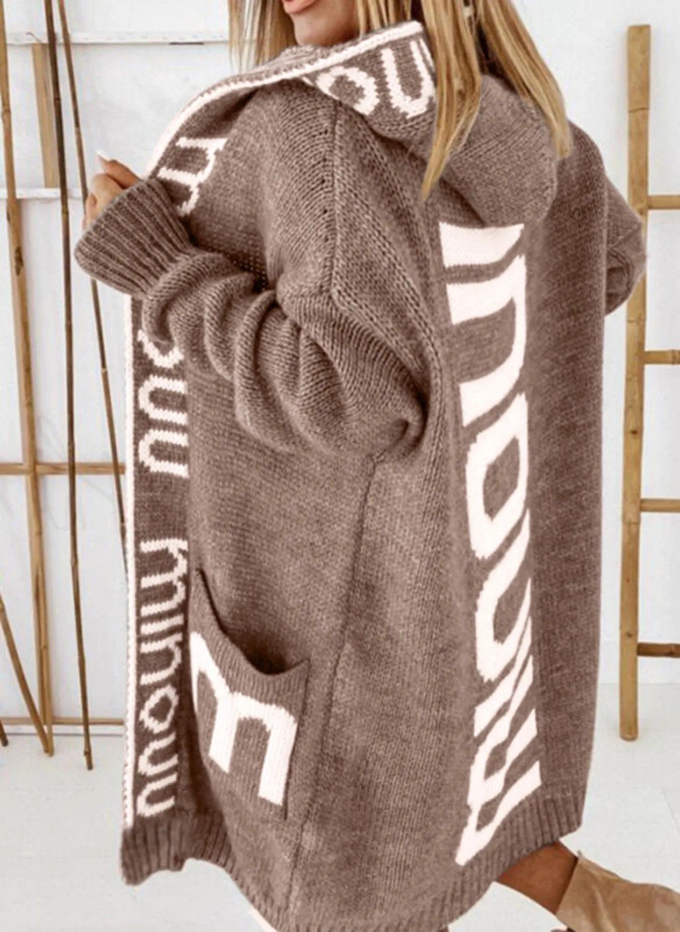 Auraya | Women's Oversized Hooded Cardigan Knit Letter Print Open Front Pockets Cosy Jumper Coat-Womens' Cardigan-Grey-XS-