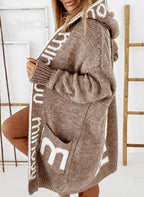 Auraya | Women's Oversized Hooded Cardigan Knit Letter Print Open Front Pockets Cosy Jumper Coat-Womens' Cardigan-Grey-XS-
