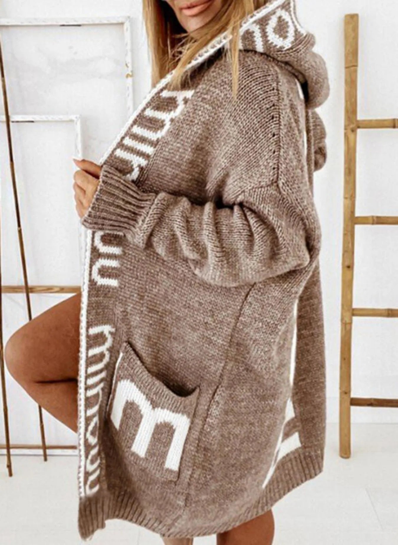 Auraya | Women's Oversized Hooded Cardigan Knit Letter Print Open Front Pockets Cosy Jumper Coat-Womens' Cardigan-Grey-XS-