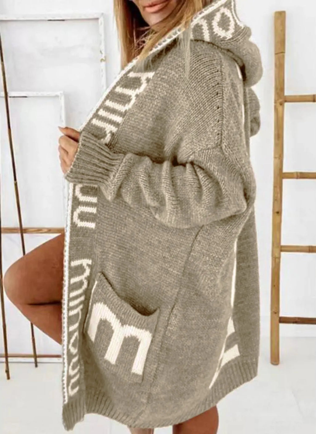 Auraya | Women's Oversized Hooded Cardigan Knit Letter Print Open Front Pockets Cosy Jumper Coat-Womens' Cardigan-Khaki-XS-