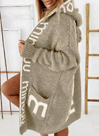 Auraya | Women's Oversized Hooded Cardigan Knit Letter Print Open Front Pockets Cosy Jumper Coat-Womens' Cardigan-Khaki-XS-