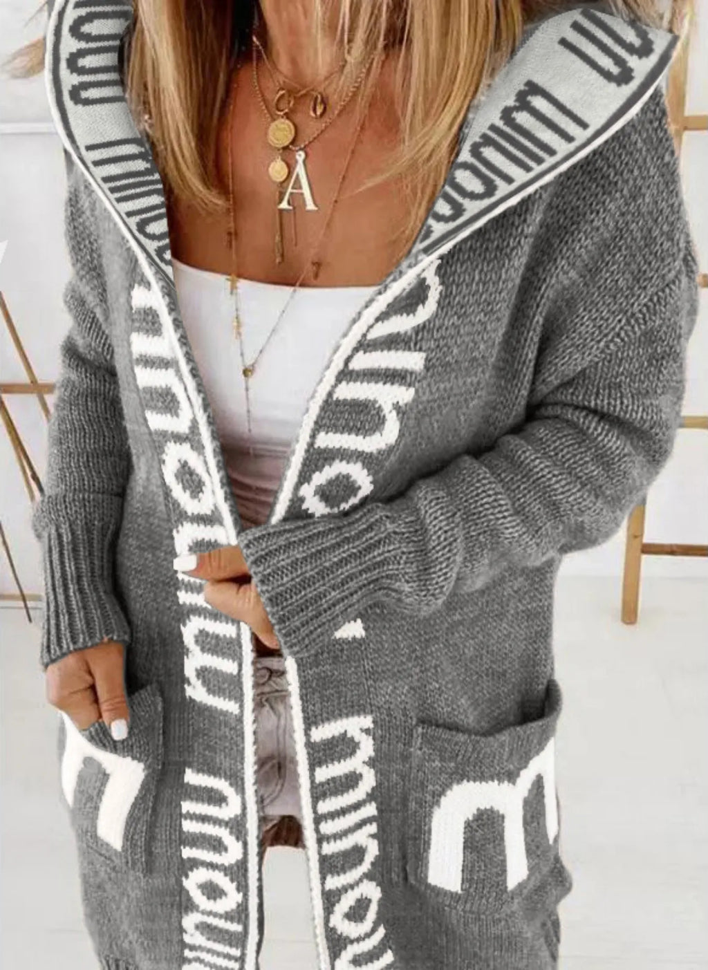 Auraya | Women's Oversized Hooded Cardigan Knit Letter Print Open Front Pockets Cosy Jumper Coat-Womens' Cardigan-Grey-XS-