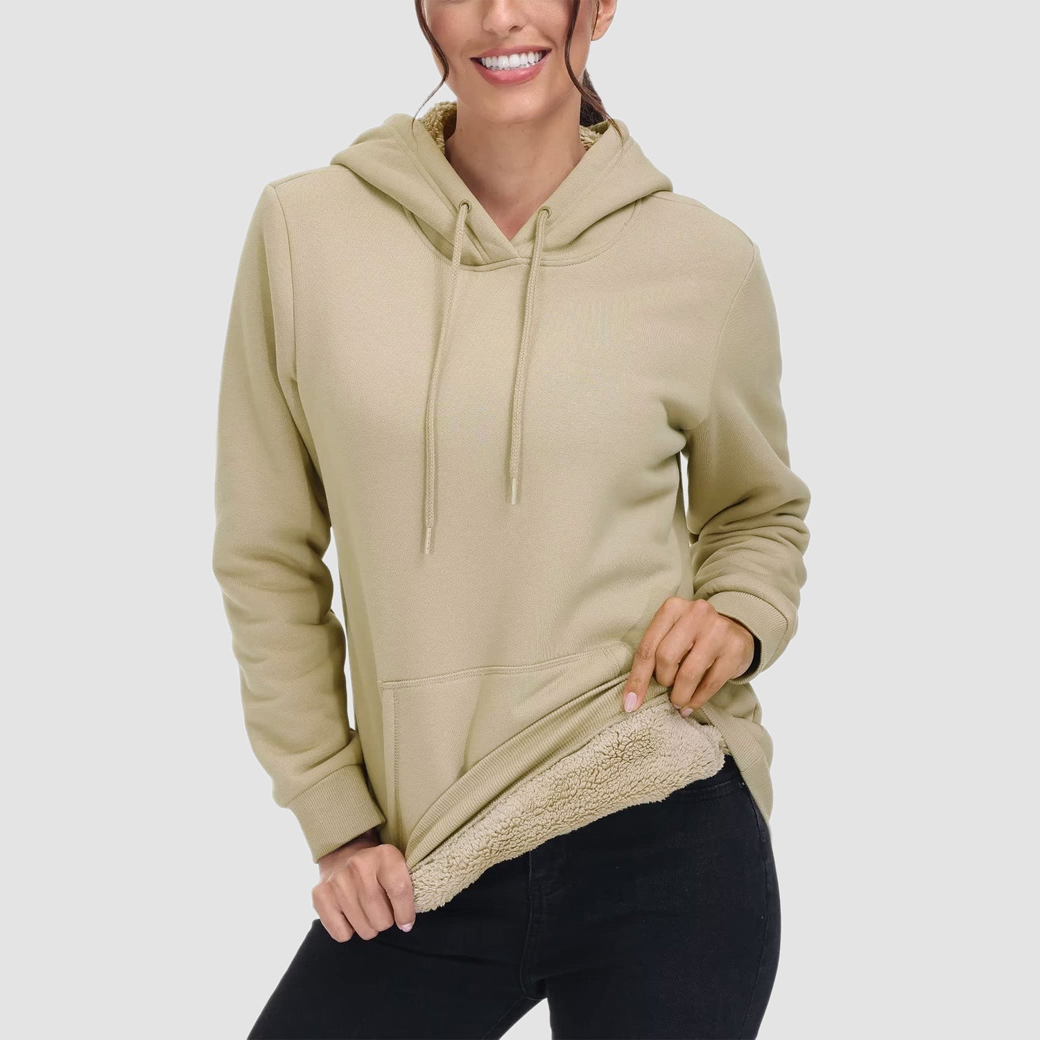 Evi Women's Fleece Hoodie – Warm Lined Comfort with Kangaroo Pocket-Women's hoodie-CAMOUFIT-Khaki-S-Camoufit
