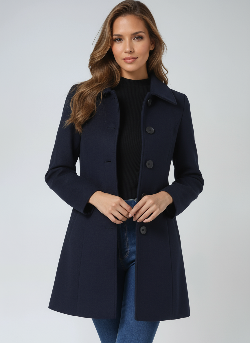 Vayelle | Women's Single Breasted Winter Trench Coat Wool Blend Tailored Elegant Long Jacket-Women's Trench Coats-Dark Blue-S-