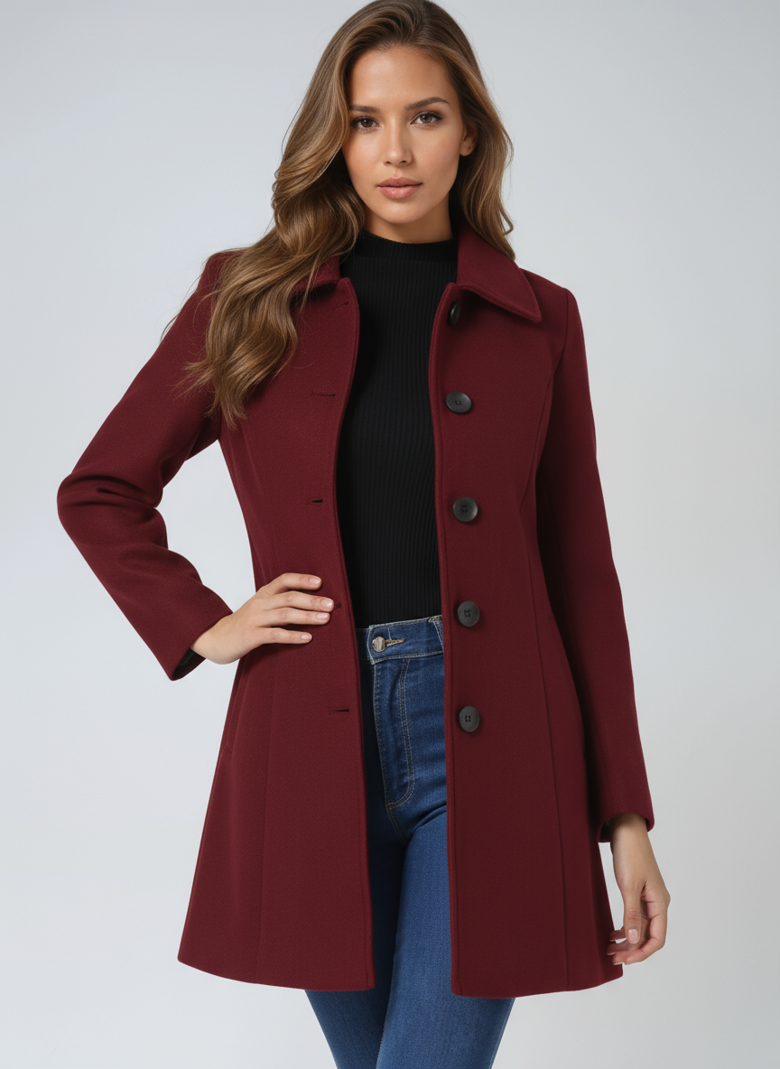 Vayelle | Women's Single Breasted Winter Trench Coat Wool Blend Tailored Elegant Long Jacket-Women's Trench Coats-Dark Red-S-