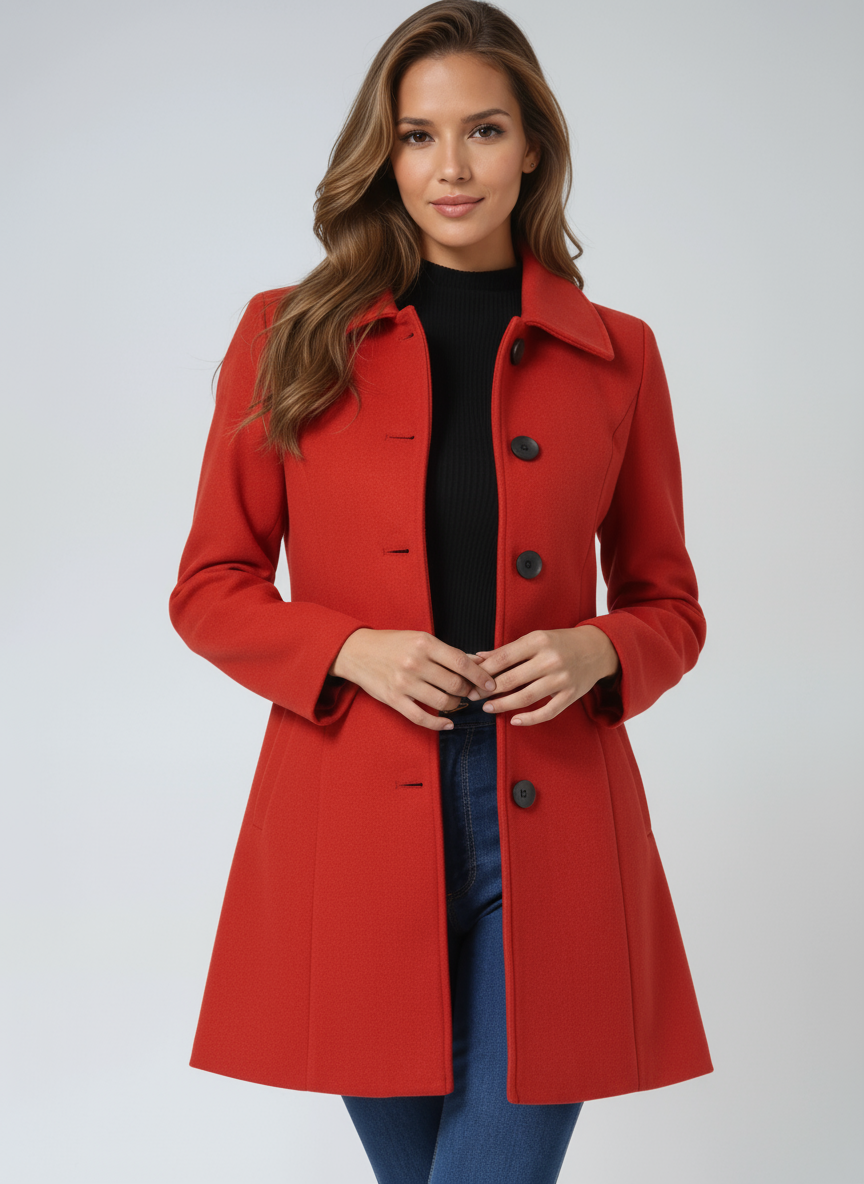 Vayelle | Women's Single Breasted Winter Trench Coat Wool Blend Tailored Elegant Long Jacket-Women's Trench Coats-Red-S-
