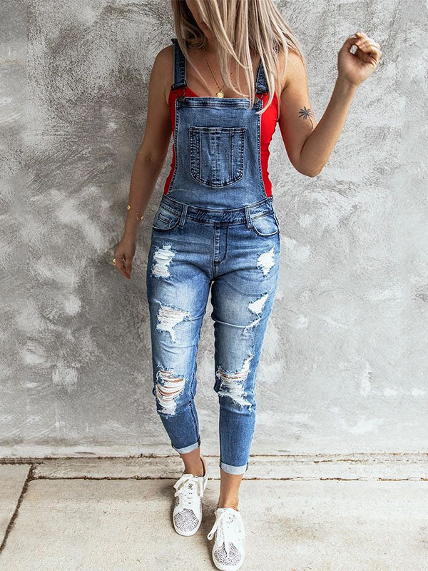 Women's Skinny Vintage-Inspired Distressed Denim Overalls 0