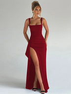 Women's Sleeveless Maxi Dress with Square Neck Side Split Hem Adjustable Straps Long Dress-Evening Dress-Red-XS-