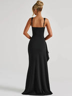 Women's Sleeveless Maxi Dress with Square Neck Side Split Hem Adjustable Straps Long Dress-Evening Dress-Red-XS-