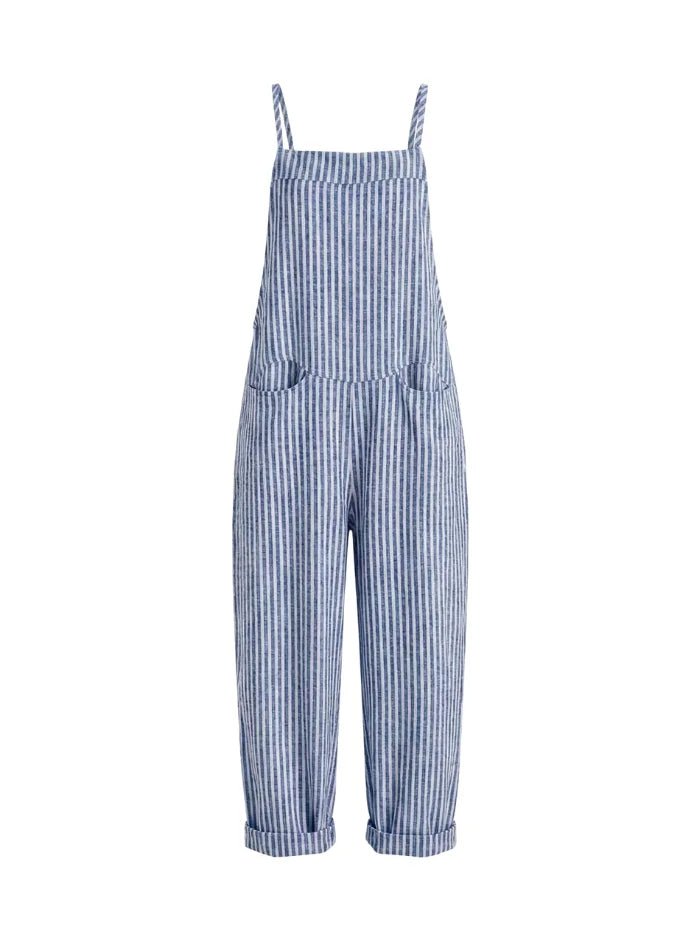 Women's Striped Wide Leg Overalls-Jumpsuits & Overalls-CAMOUFIT-Blue-S-Camoufit