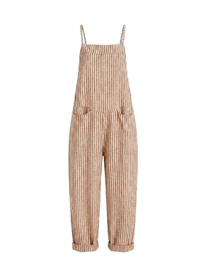 Women's Striped Wide Leg Overalls-Jumpsuits & Overalls-CAMOUFIT-Khaki-S-Camoufit