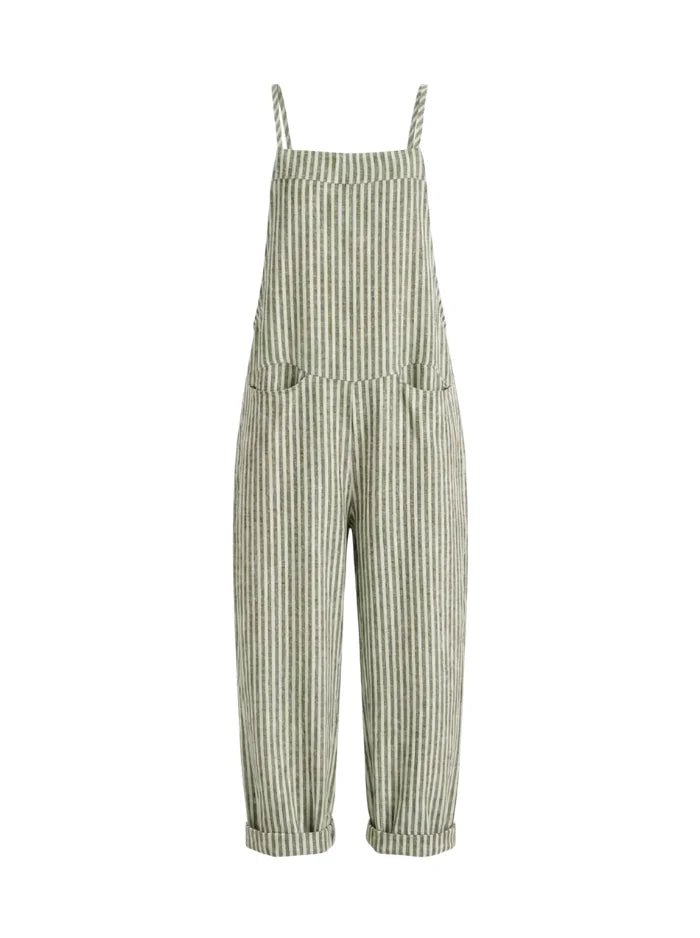 Women's Striped Wide Leg Overalls-Jumpsuits & Overalls-CAMOUFIT-Green-S-Camoufit