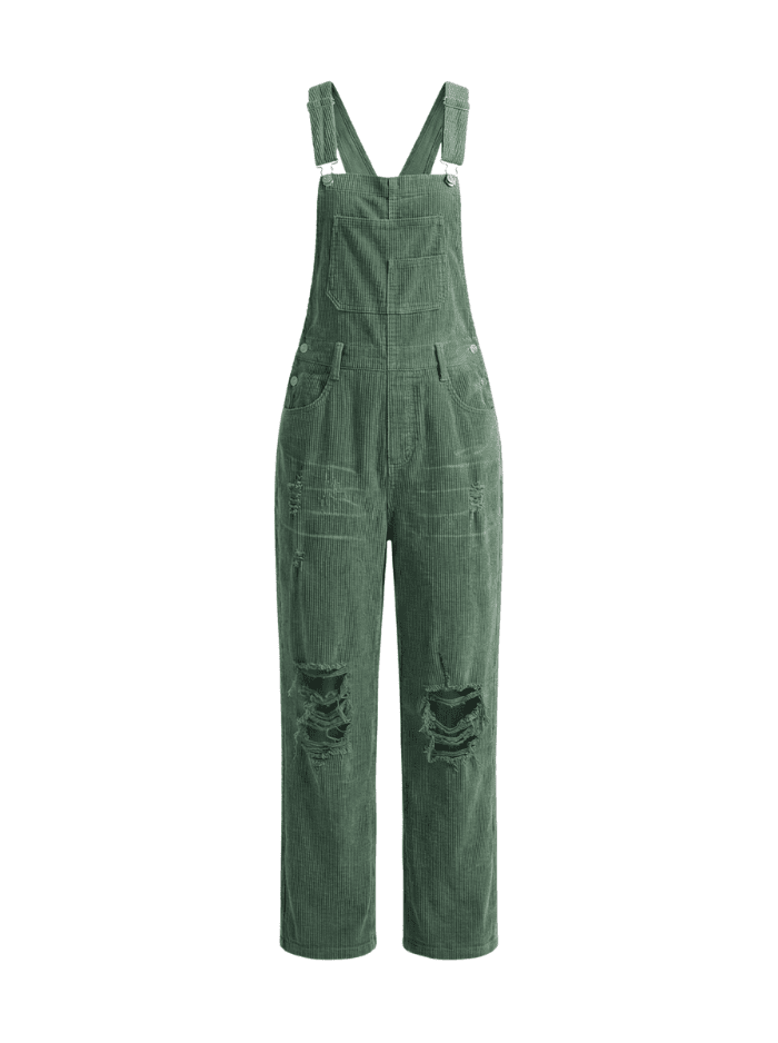 Women’s Vintage-Inspired Distressed Corduroy Overalls-Jumpsuits & Overalls-CAMOUFIT-Green-S-Camoufit