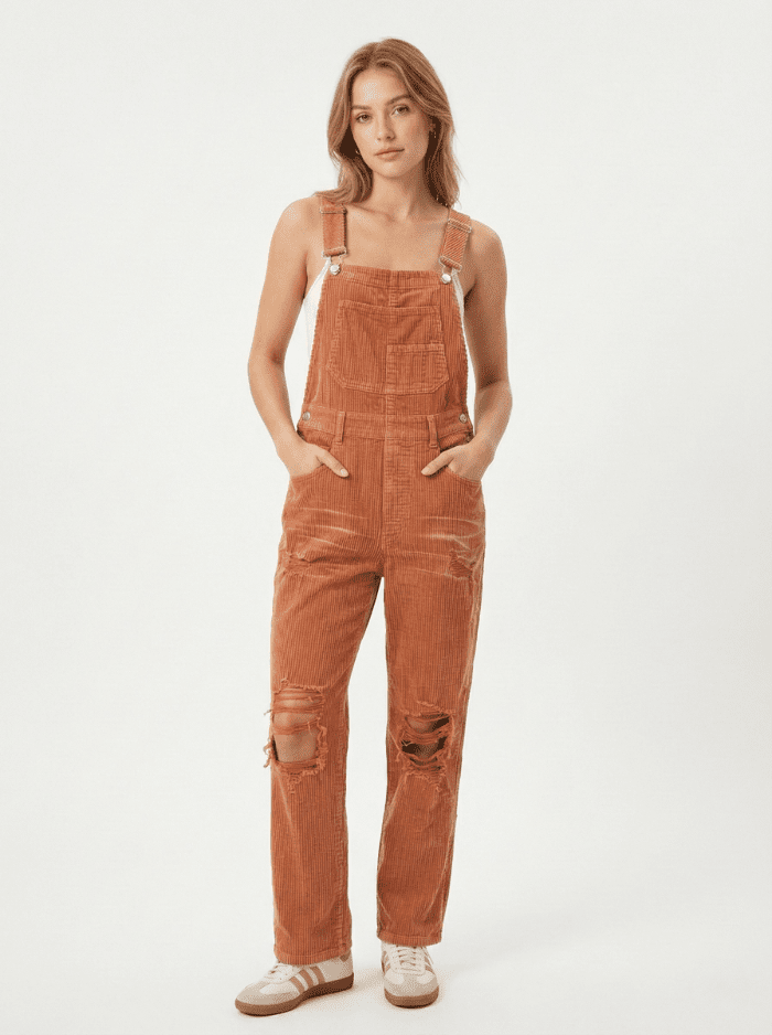 Women’s Vintage-Inspired Distressed Corduroy Overalls-Jumpsuits & Overalls-CAMOUFIT-Green-S-Camoufit