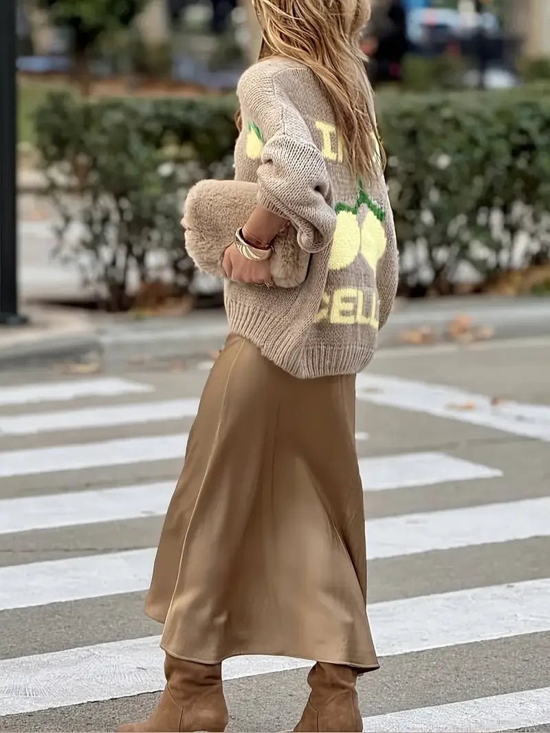 Olyra | Women's Limoncello Lemon Knit Cardigan Long Sleeve Soft Loose Fit Cosy Button Up Jumper-Womens' Cardigan-Khaki-S-
