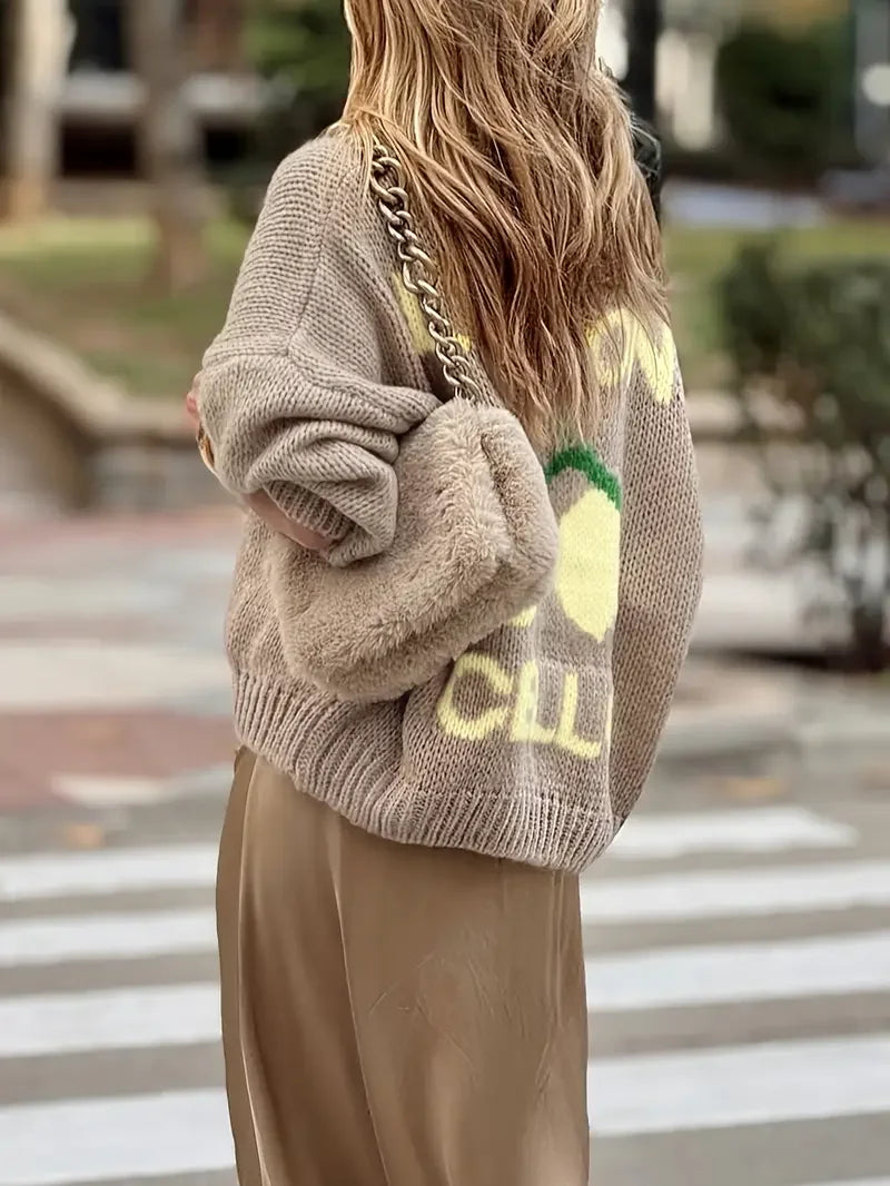 Olyra | Women's Limoncello Lemon Knit Cardigan Long Sleeve Soft Loose Fit Cosy Button Up Jumper-Womens' Cardigan-Khaki-S-