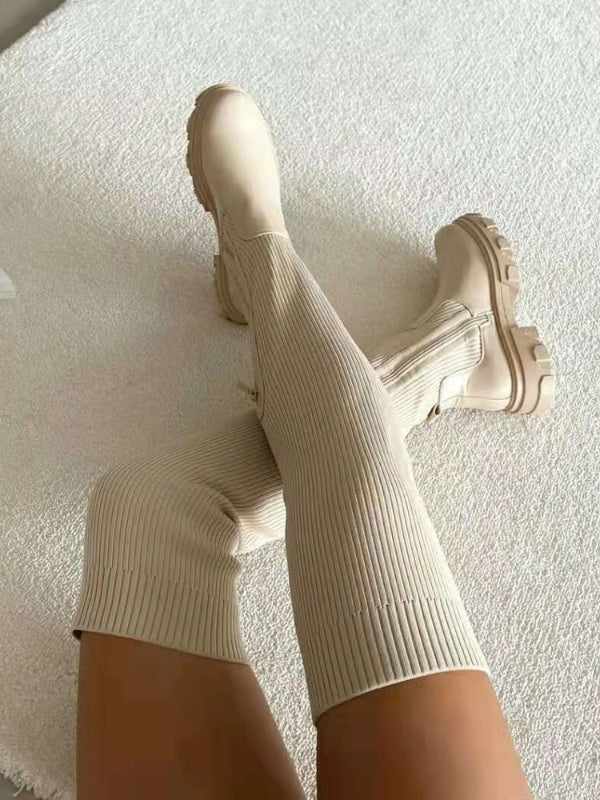 Calyra Women's Knee-High Platform Winter Boots - Slip-On Fit-Women's Knee high Boots-Beige-5-Camoufit