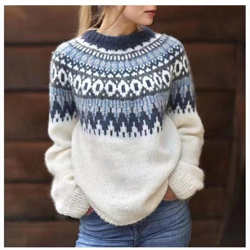Freya | Norwegian Knit Sweater Women Crew Neck Long Sleeve-Women's Knitted Sweater-White-S-Camoufit