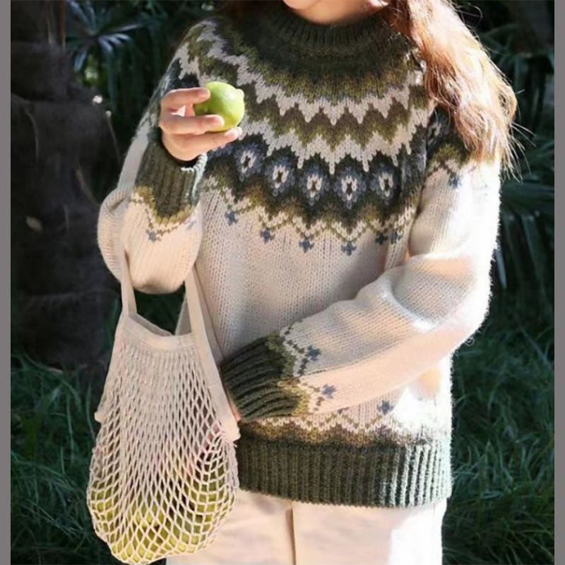 Freya | Norwegian Knit Sweater Women Crew Neck Long Sleeve-Women's Knitted Sweater-Green-S-Camoufit