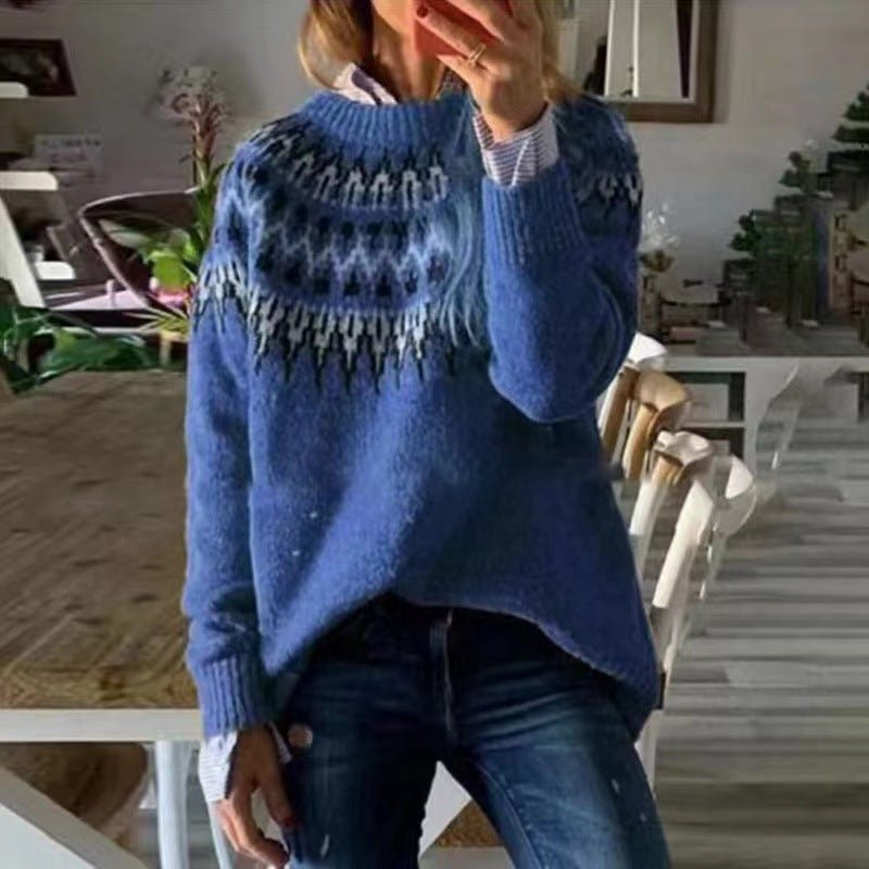 Freya | Norwegian Knit Sweater Women Crew Neck Long Sleeve-Women's Knitted Sweater-Blue-S-Camoufit
