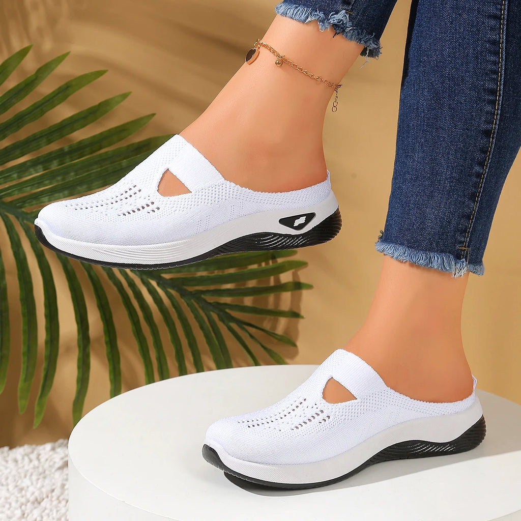 Women's Slip-On Mesh Mule Sneakers with Breathable Cut-Out Backless Comfort Walking Shoes-Women's Slippers-Grey-4-